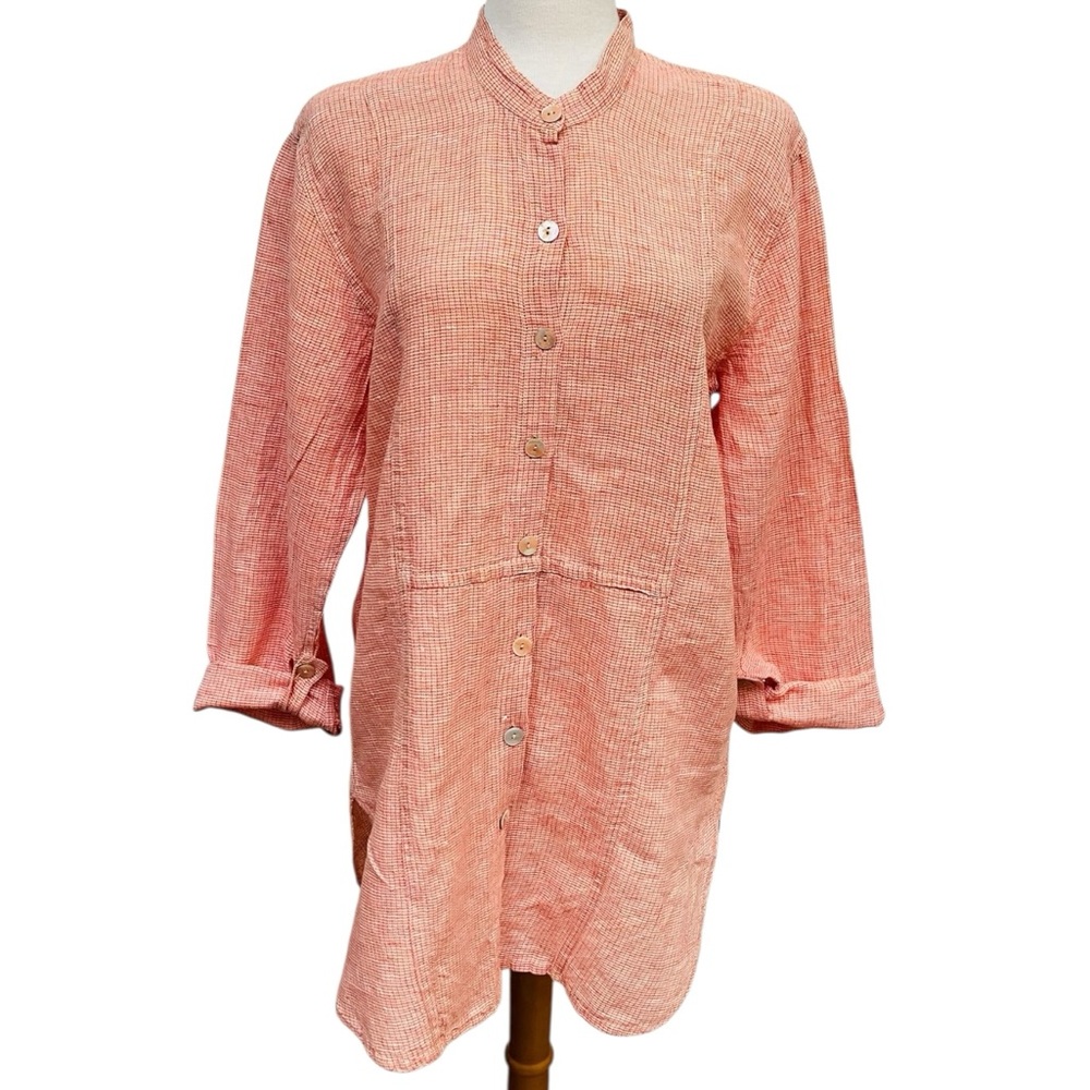 Flax 100% Linen Orange and White 3/4 Sleeve Tunic Mandarin Collar Women's Small
